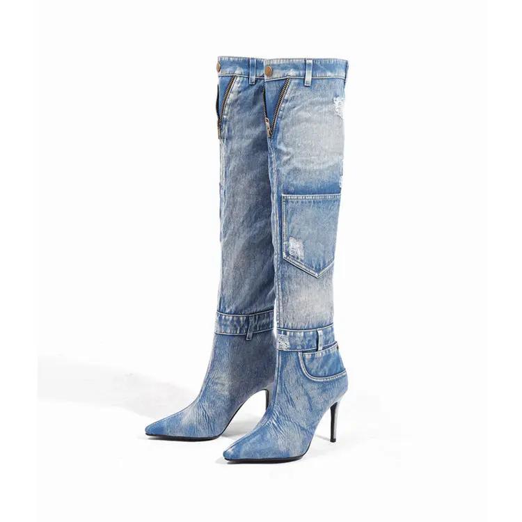 New Denim Over The Knee Elegant Slim Heel High Heel Riding Boots Cjdropshipping