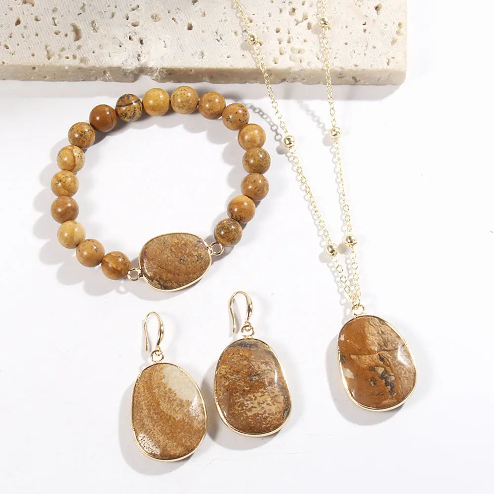 Gold Chain Necklace Natural Stone Bracelet Earrings Women's Jewelry Set Cjdropshipping