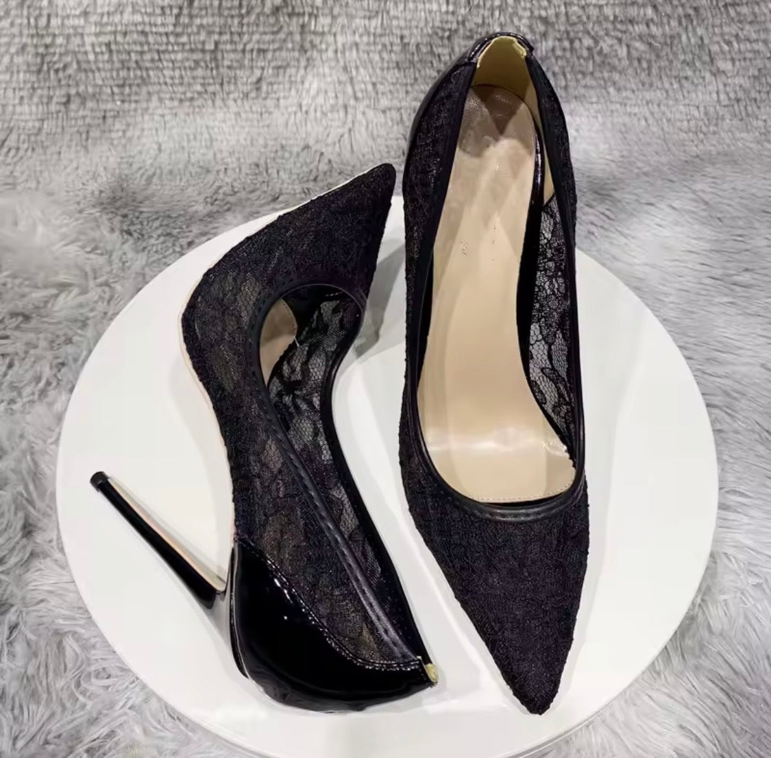 Black Lace Mesh High Heels with Bow Accents | Pointed Toe Stiletto Pumps | Pearl, Rhinestone & Classic Lace Wedding & Evening Shoeshine