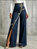 High Waisted Denim Collection - Gold Trim Wide Leg Pants & Asymmetric Midi Skirt with Buckle & Grommet Detail