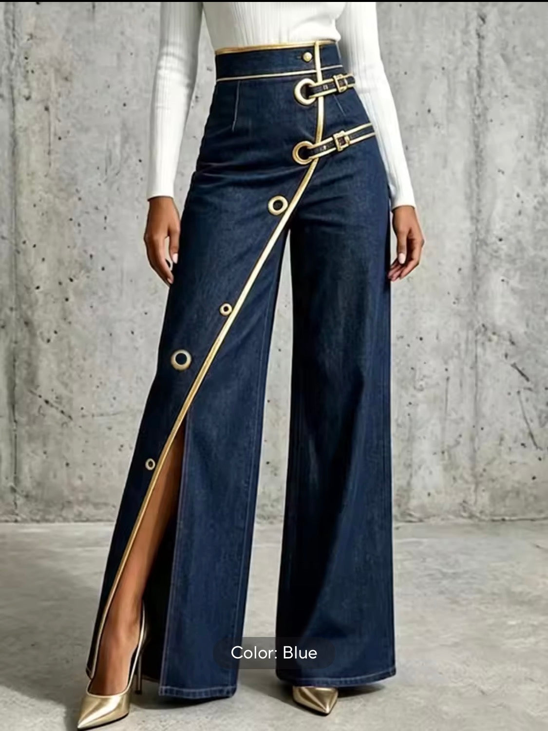High Waisted Denim Collection - Gold Trim Wide Leg Pants & Asymmetric Midi Skirt with Buckle & Grommet Detail