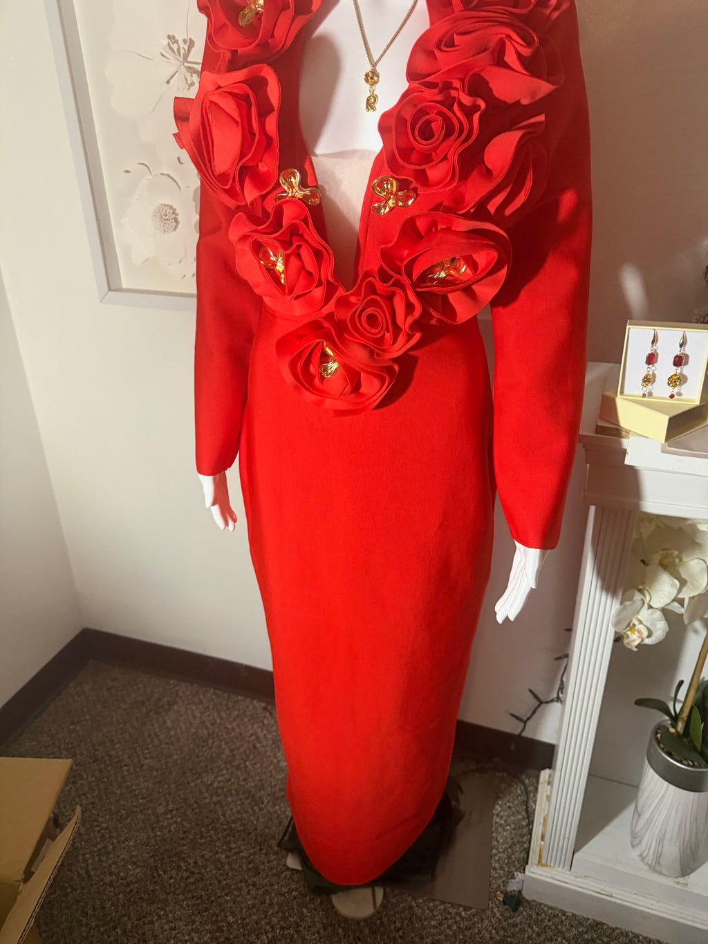 3D Rose V-Neck Bandage Dress & Earrings | Gala Outfit