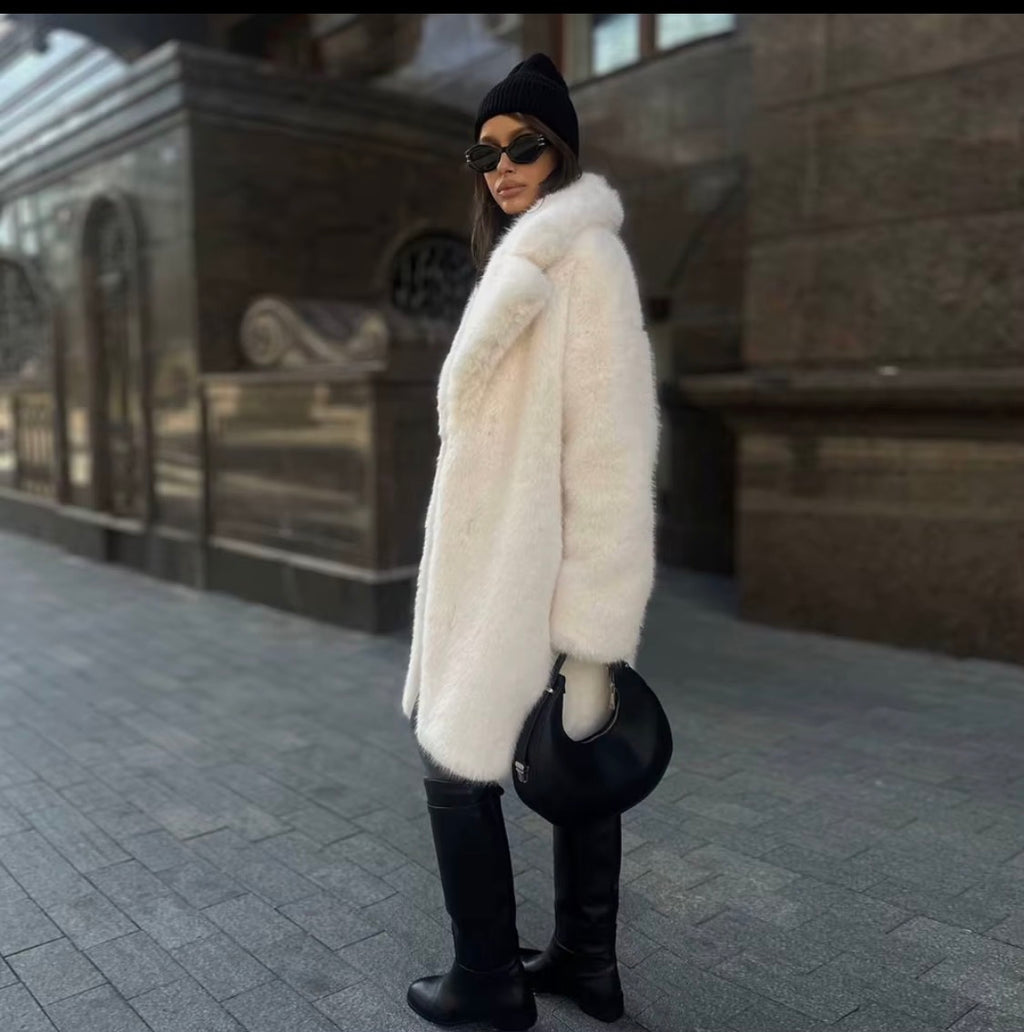 Luxury Women's White Faux Over Coat - Elegant Long Faux Fur Jacket with Oversized Collar for Winter