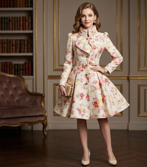Vintage Style Floral Trench Coat, Shabby Chic Spring Jacket | Fit and Flare Dress Coat |