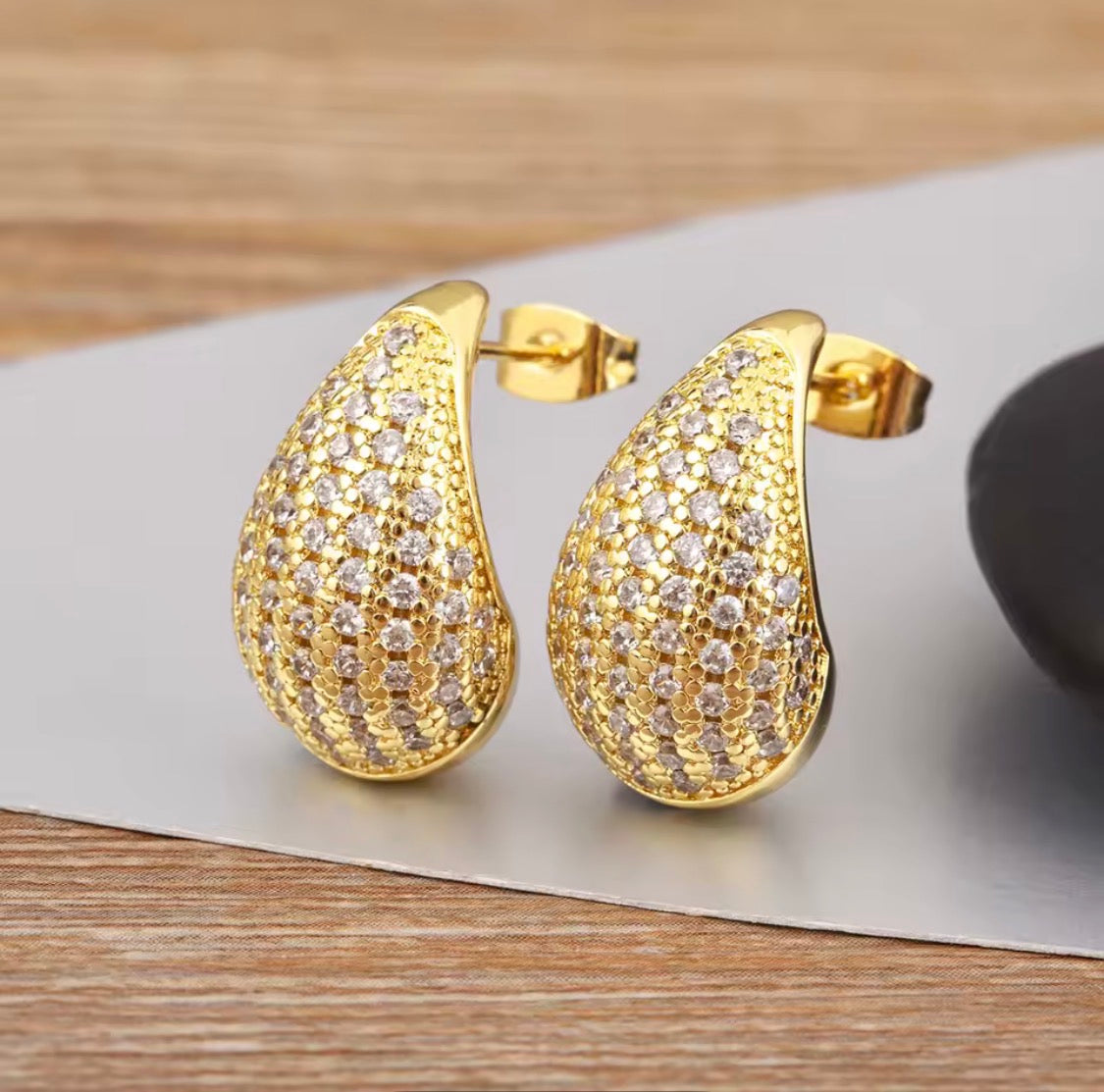 Gold Teardrop Cubic Zirconia Stud Earrings | Pave Cz Waterdrop Statement Earrings | Elegant Geometric Teardrop Jewelry for Women | Gift for Her