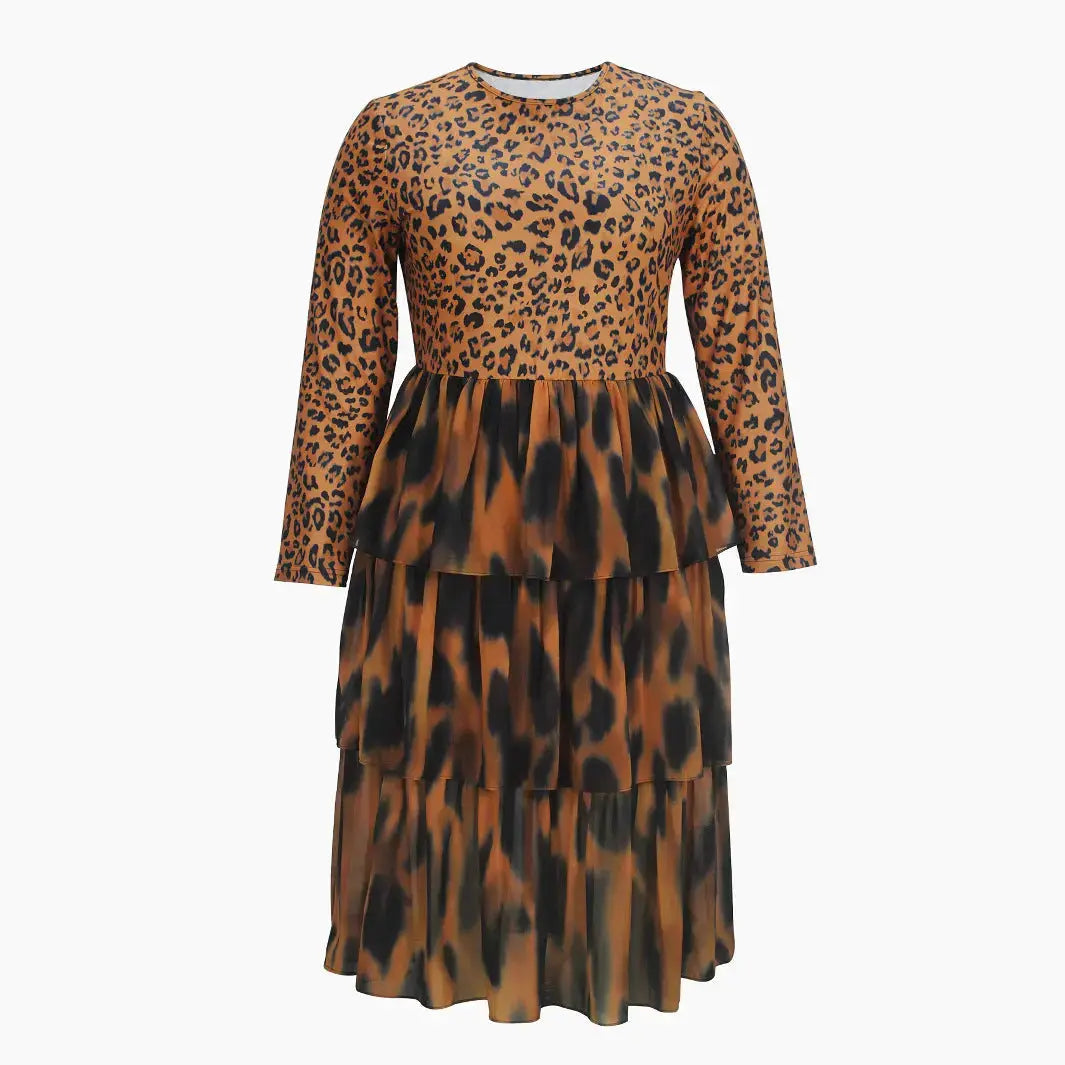 Elegant Leopard Print Cake Dress Plus Size Long Sleeve JNi3 shop