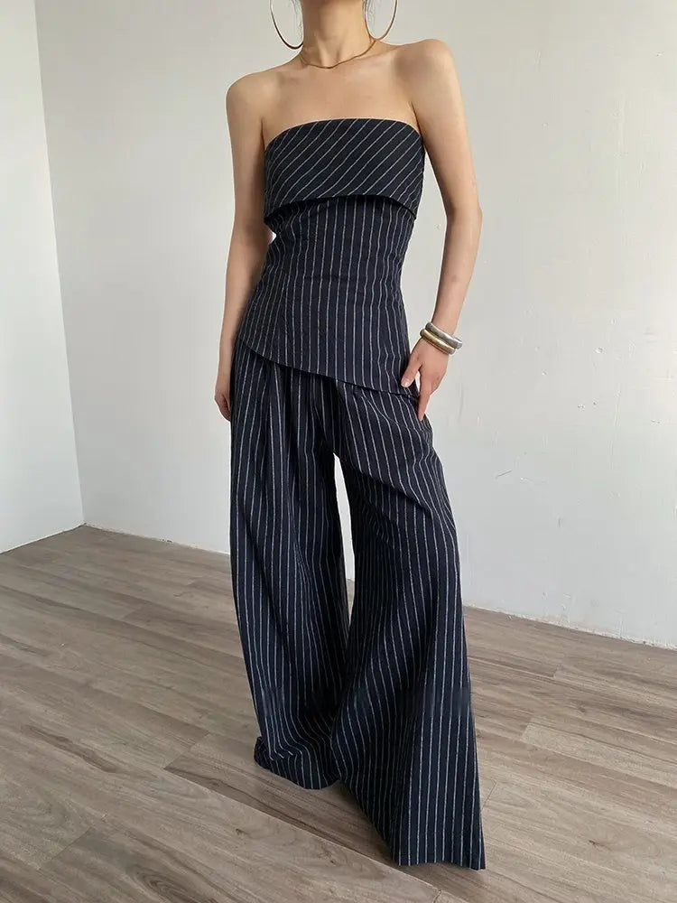 Retro Hot Girl Striped Tube Top Vest Women's Cotton Linen Casual Wide-leg Pants Suit Cjdropshipping