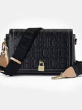 Embossed Letter Monogram Square Crossbody Bag with Padlock Detail & Wide Strap
