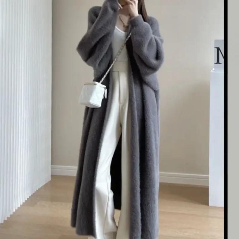 Mink-like Wool Cardigan Loose Size Thickened Mid-length Idle Style Knitted Coat JNi3 shop
