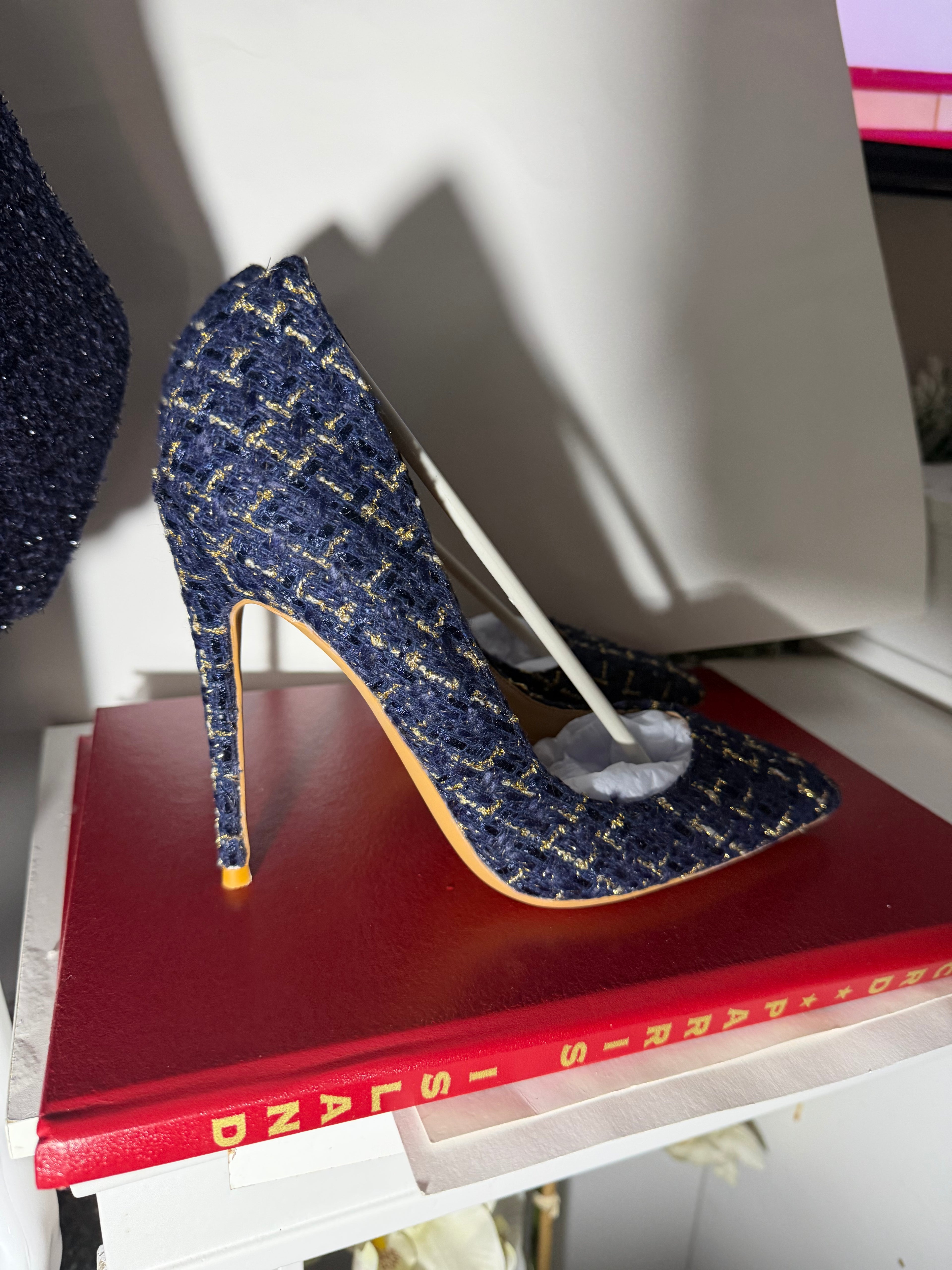 Navy Blue Tweed Belted Midi Dress and Pointed-Toe 12cm Stiletto Pump Set | 2-Piece