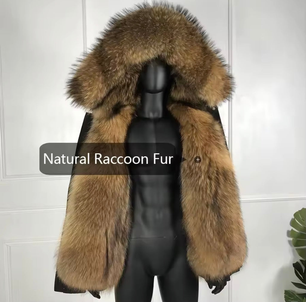 Men's Luxury Real Raccoon Fur Hooded Parka Jacket