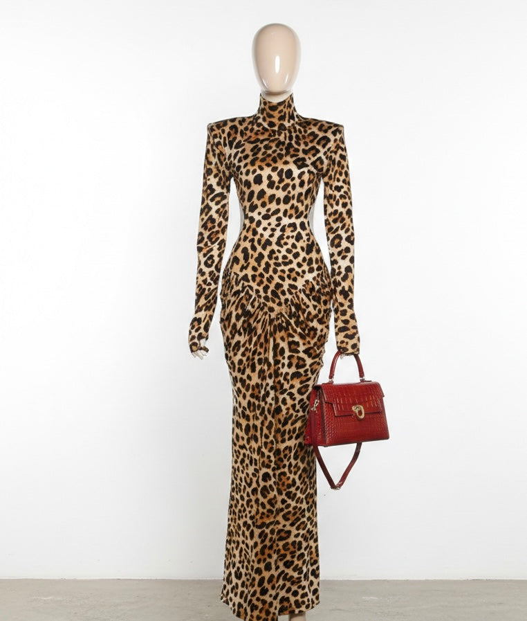 Vintage Leopard Print Maxi Dress Outfit, Red Crocodile Purse & Heels