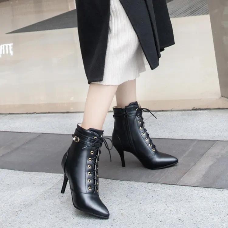 Lace-up belt buckle stiletto heel ankle boots Cjdropshipping