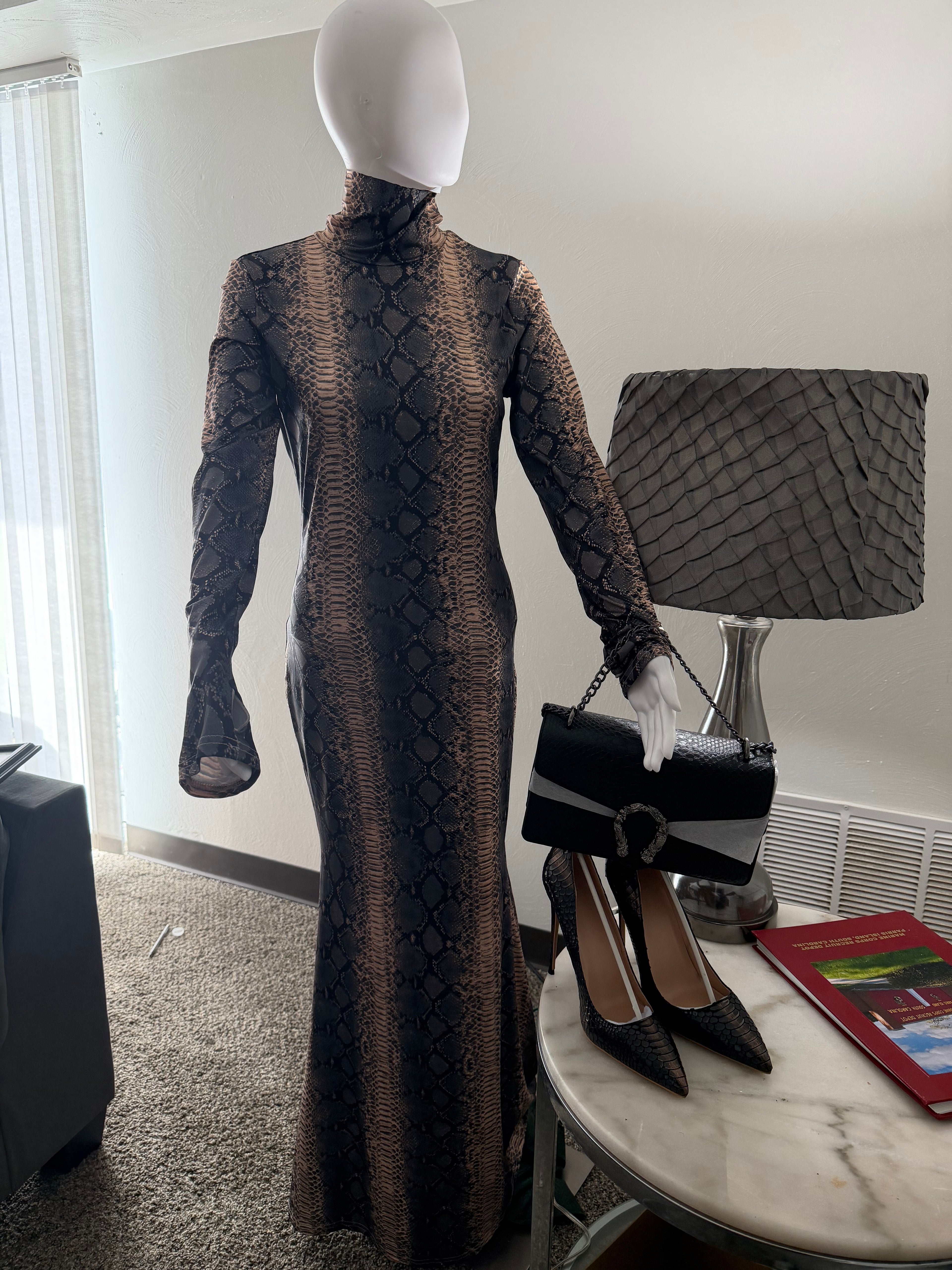 Serpentine Ensemble: Snake Print Maxi Dress, Charcoal Handbag & Stilettos | Complete Outfit, Animal Print Fashion
