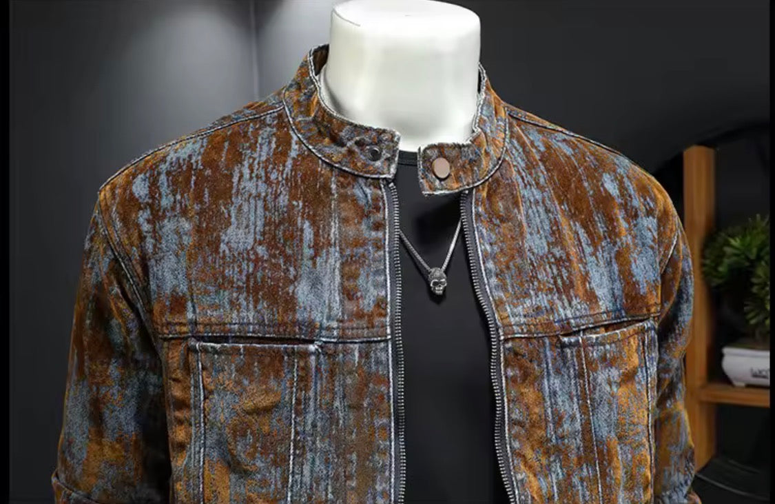 Men’s Distressed Acid-Wash Denim Jacket | Vintage style Moto Biker Stand Collar Zipper Jean Jacket
