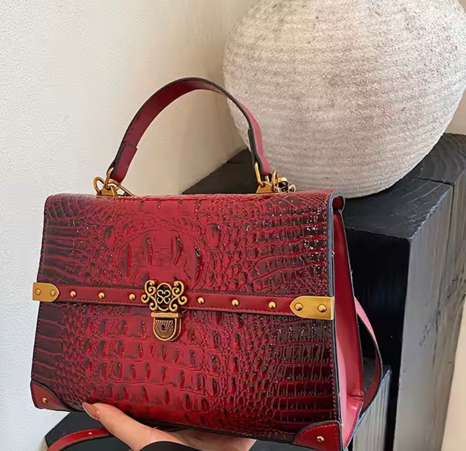 Vintage Crocodile Pattern Satchel Handbag
