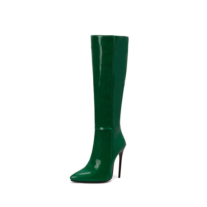 Autumn And Winter New Women Pointed Toe Stiletto Heel Side Zipper Below The Knee Boots