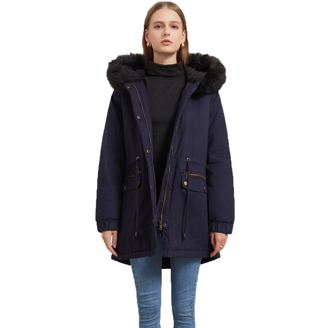 Women's Mid-length Fur Collar Coat Parker Cotton-padded Coat null