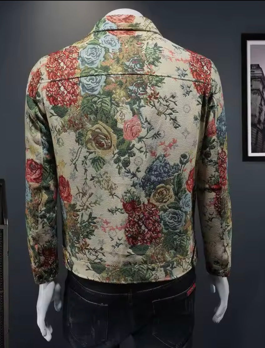 Vintage Inspired Jacquard Floral Men’s Trucker Jacket, Textured Tapestry Western Coat