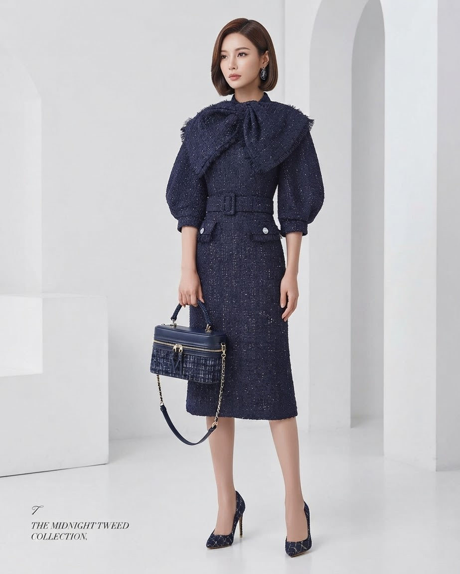 The Baroque Sapphire Complete Outfit Set | Navy Blue Tweed Bow-Tie Dress, Matching Stiletto Heels, Structured Vanity Handbag & Gold Birthstone Jewelry Set | Luxury Boutique Curated Collection