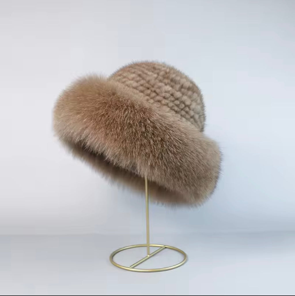 Mink fur ponchos and Hat set|Fox Fur trim
