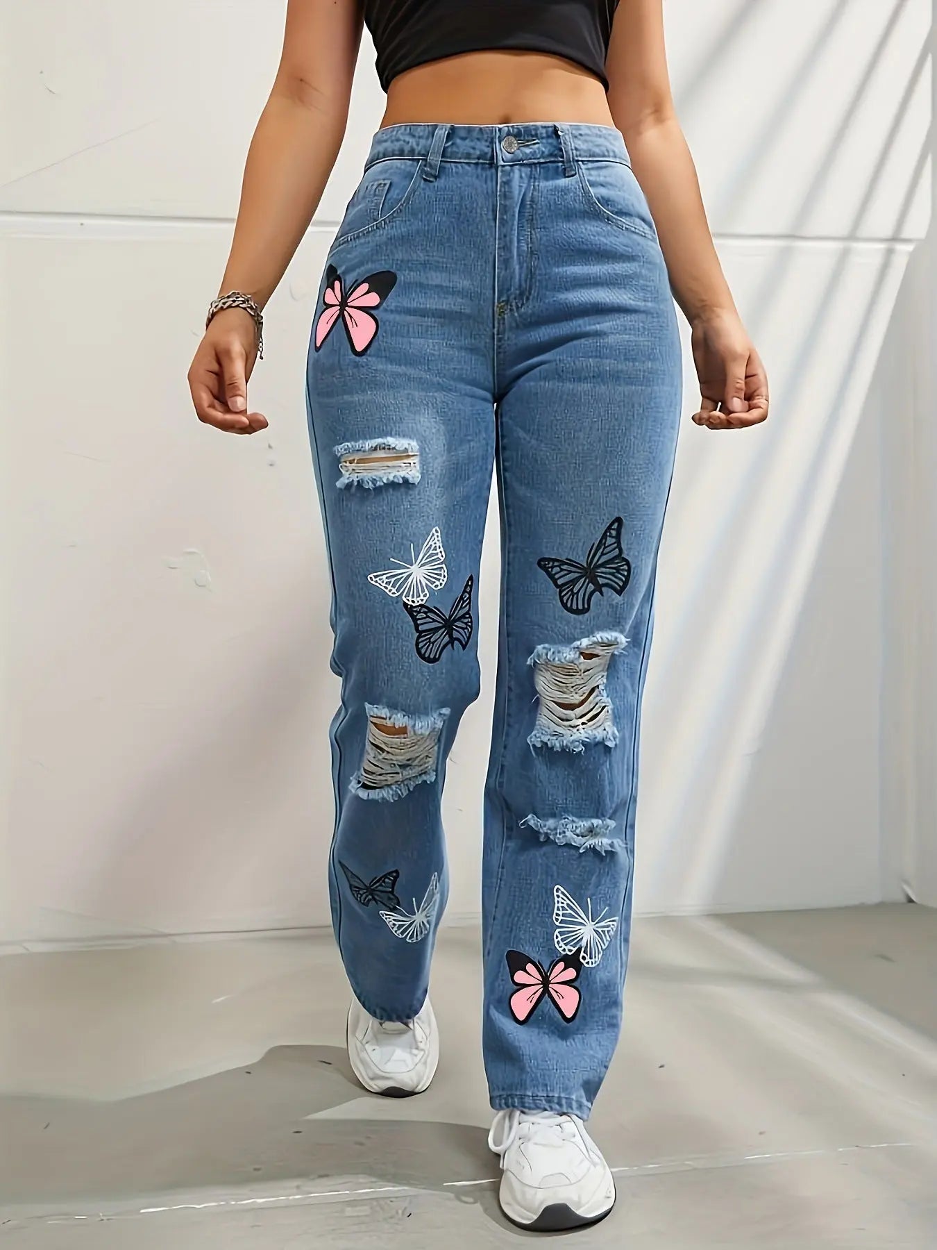 High Waisted Straight Leg Jeans For Women Trendy Butterfly Print Ripped Distressed Denim Pants JNi3 shop