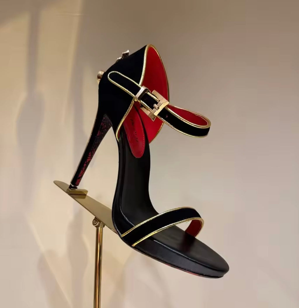 Black Leather Purse and Shoe Set | Gold Accent Boots or Heels, Genuine Leather, Cowhide