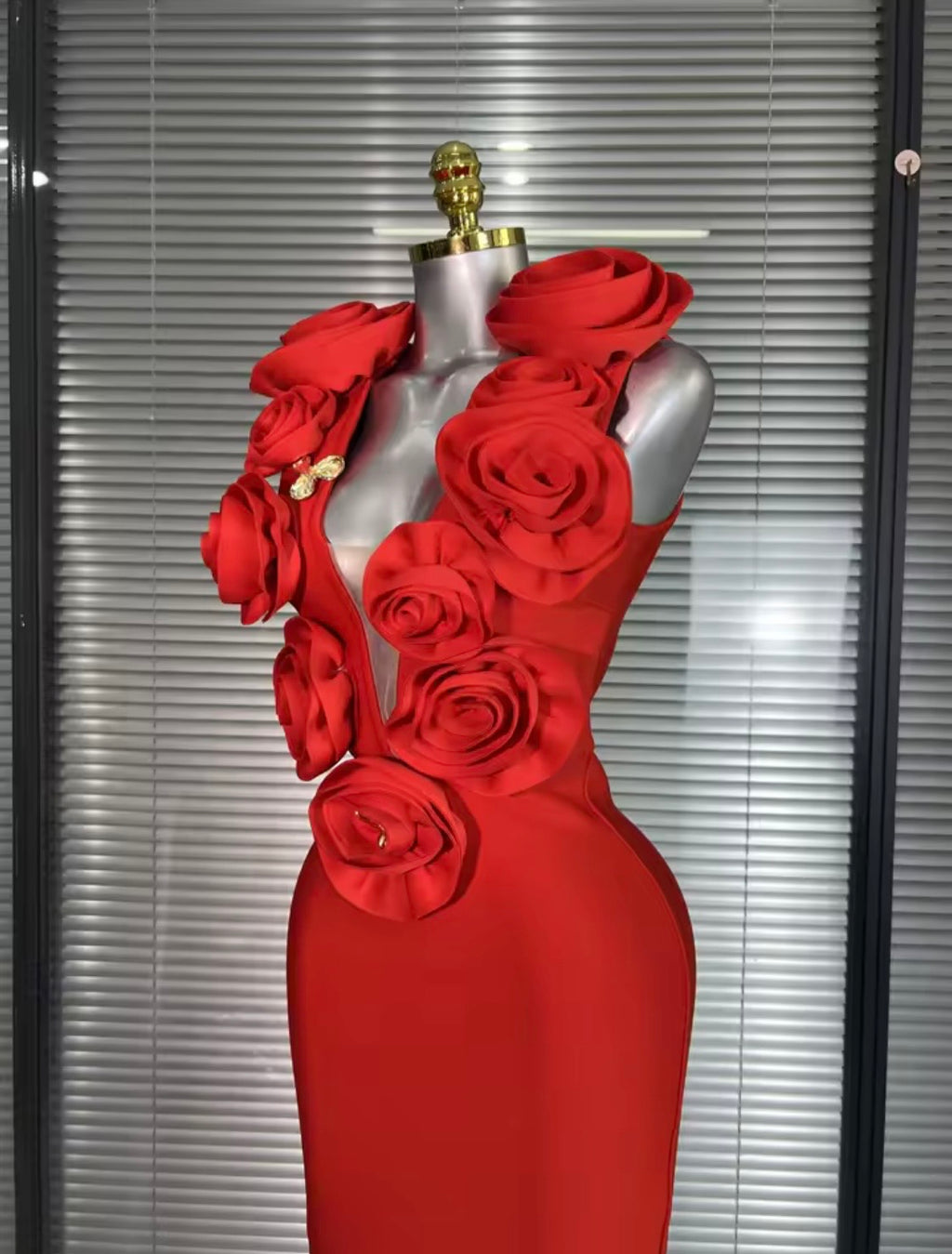 3D Rose V-Neck Bandage Dress & Earrings | Gala Outfit