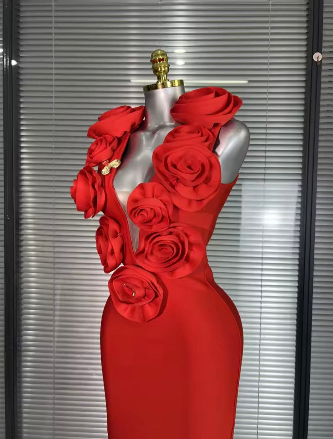 3D Rose V-Neck Bandage Dress & Earrings | Gala Outfit