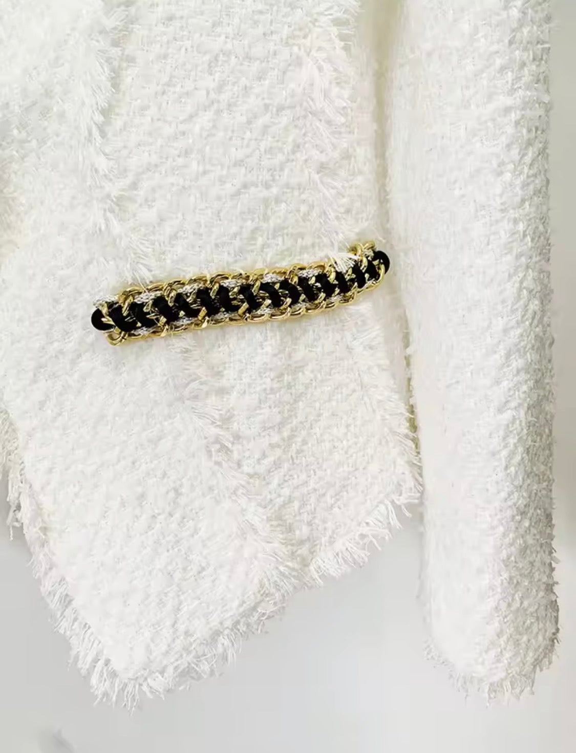 White Tweed Blazer with Black & Gold Chain Trim | Luxury Fringe Trim Jacket | Designer Inspired Chic Tailored Outerwear