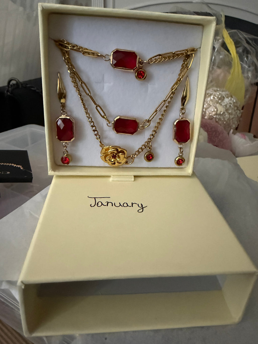 18k Gold PVD Birth Month double layered pendant Necklace, Bracelet and Earrings 3 pce set.