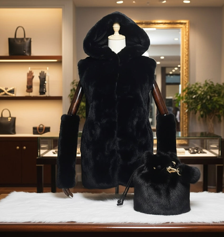 Luxury 3-Piece Real Fur Set: Genuine Rabbit Fur Hooded Vest, Mink Fur Bucket Bag, and Matching Mink Fur Arm Warmers