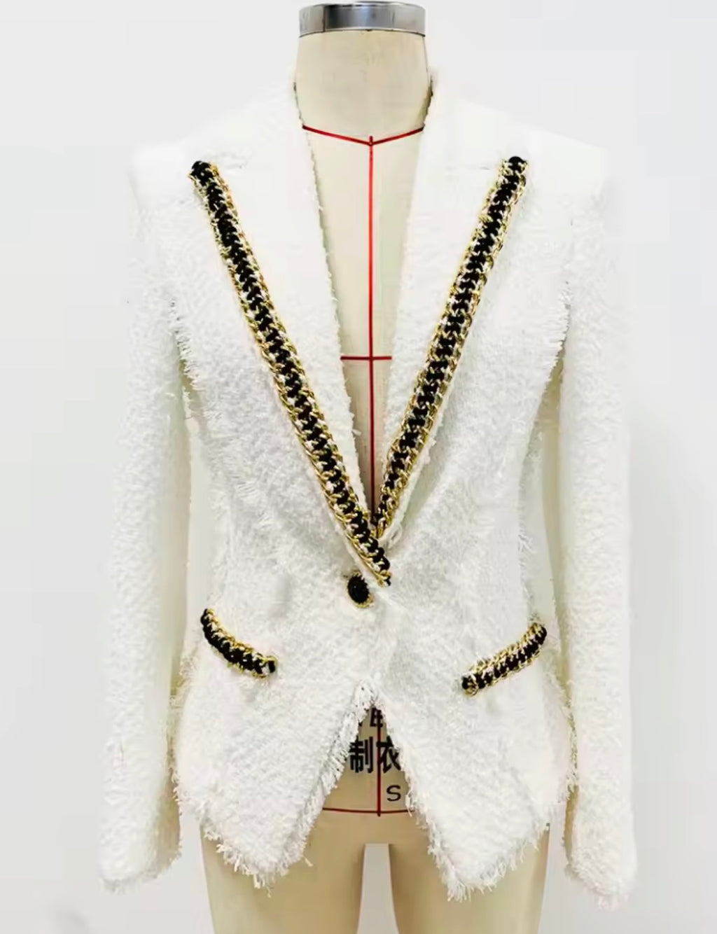 White Tweed Blazer with Black & Gold Chain Trim | Luxury Fringe Trim Jacket | Designer Inspired Chic Tailored Outerwear