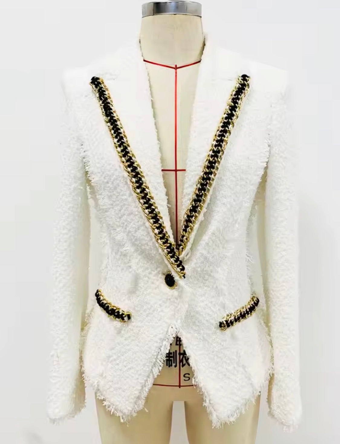 White Tweed Blazer with Black & Gold Chain Trim | Luxury Fringe Trim Jacket | Designer Inspired Chic Tailored Outerwear