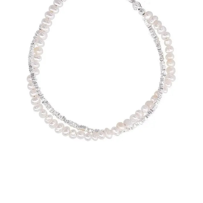 S925 Sterling Silver Natural Baroque Pearl Small Pieces Of Silver Double-layer Bracelet JNi3 shop