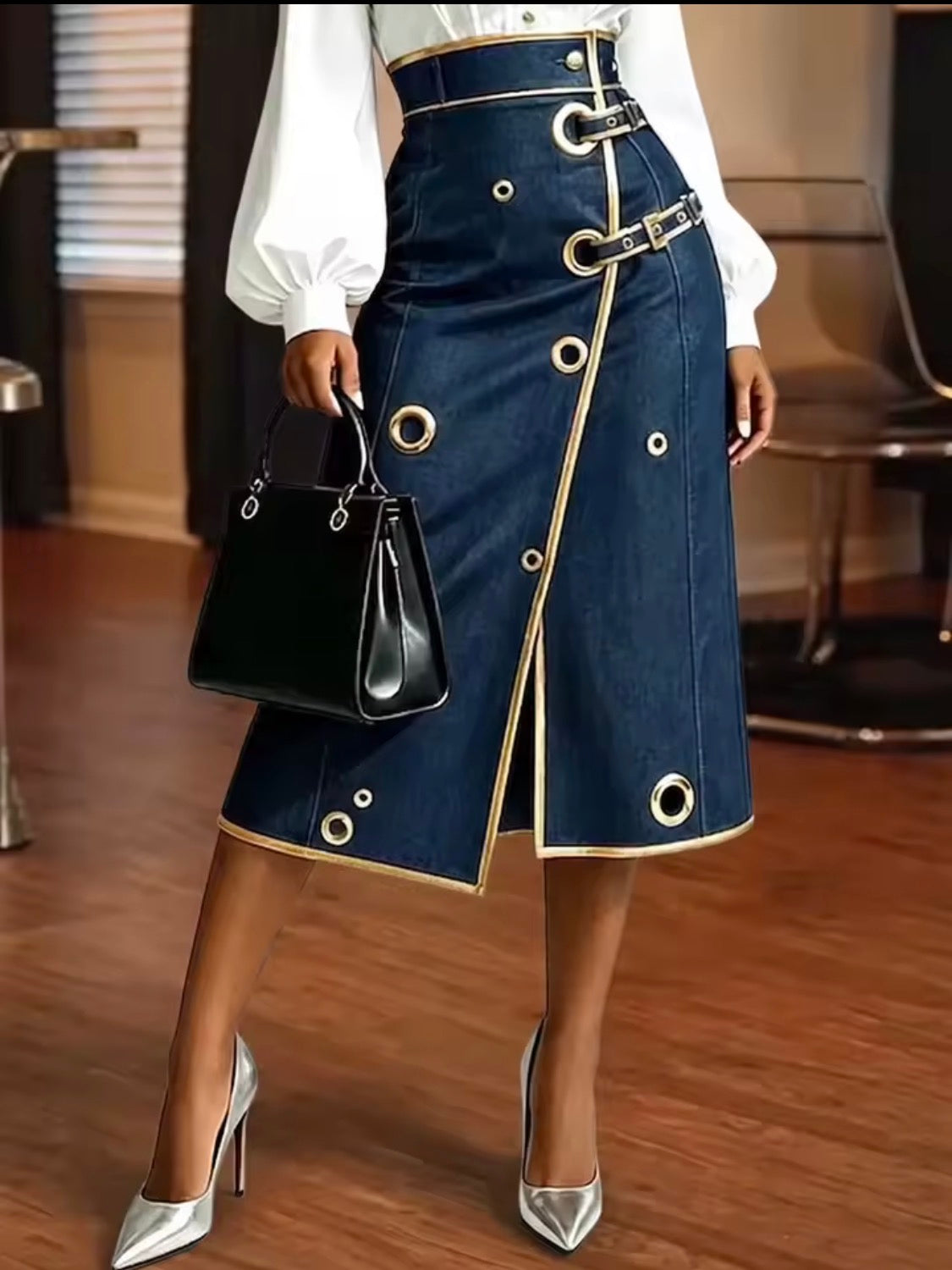 High Waisted Denim Collection - Gold Trim Wide Leg Pants & Asymmetric Midi Skirt with Buckle & Grommet Detail