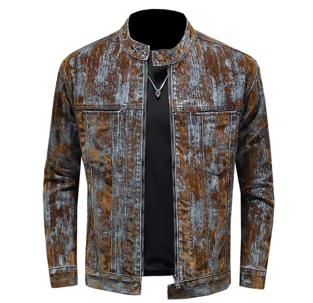Men’s Distressed Acid-Wash Denim Jacket | Vintage style Moto Biker Stand Collar Zipper Jean Jacket