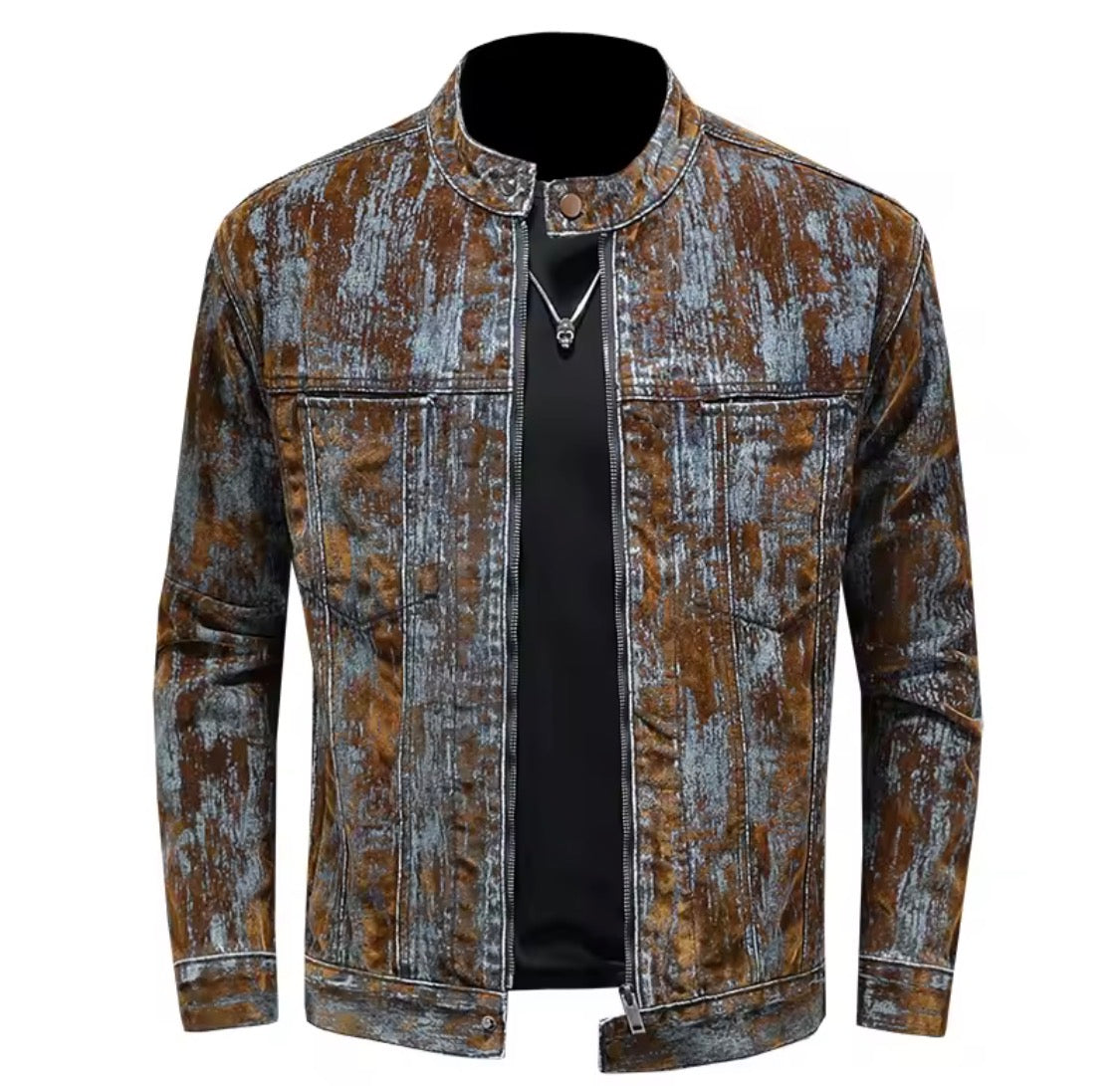 Men’s Distressed Acid-Wash Denim Jacket | Vintage style Moto Biker Stand Collar Zipper Jean Jacket