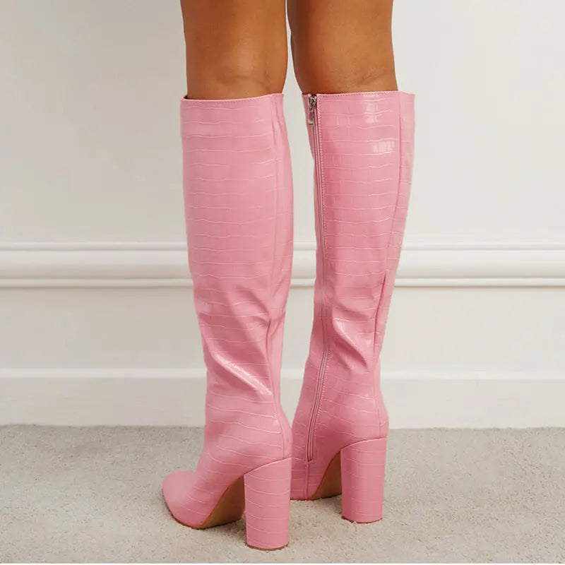 Fashion Boots Winter Pointed Toe High Square Heel Shoes With Side Zipper Mid-calf Boots Women Dropshipman