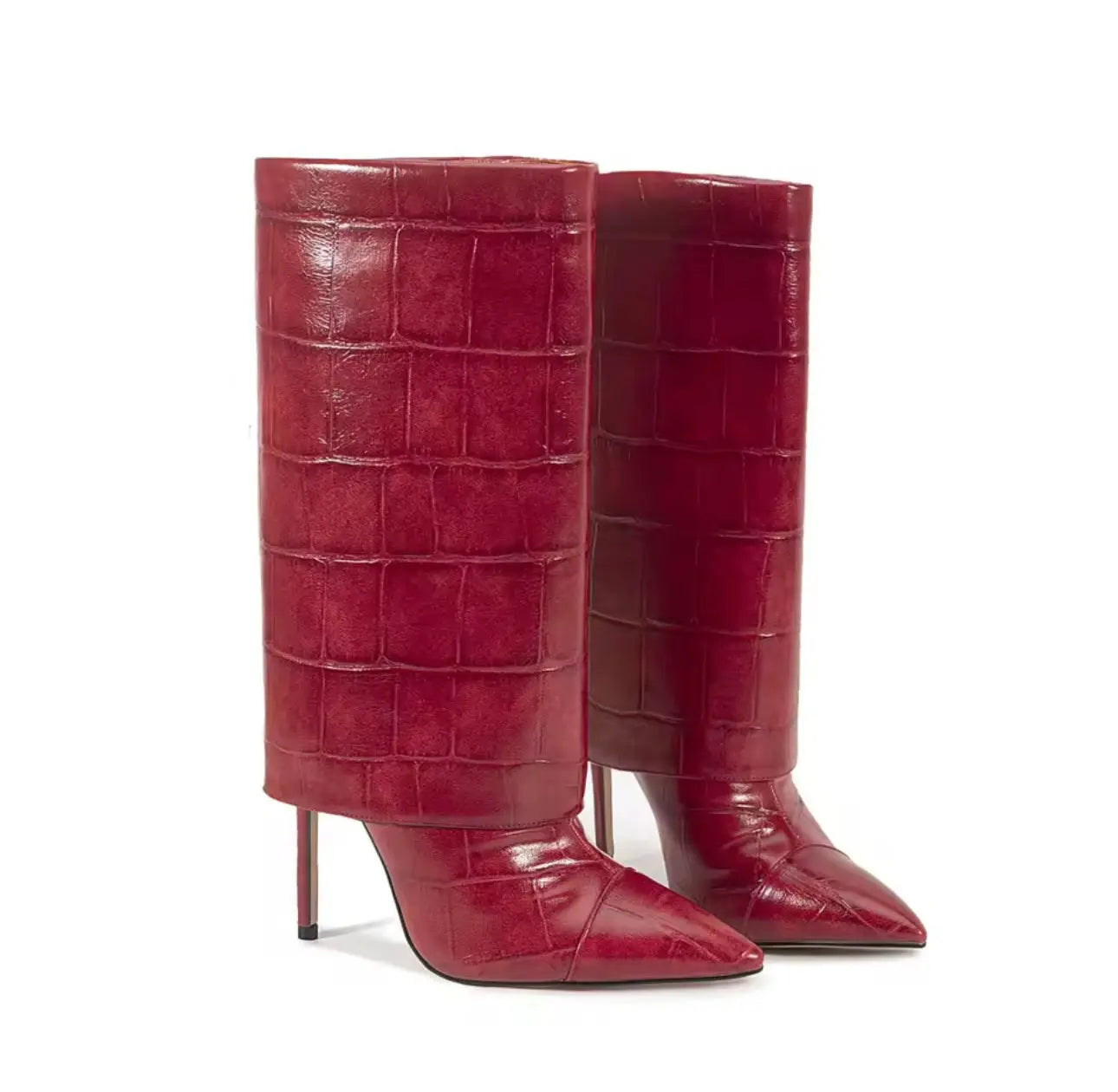 Ultimate Red Luxe Night Out Ensemble - Off-Shoulder Knit Dress, Knee-High Crocodile Boots, Statement Necklace & Clutch