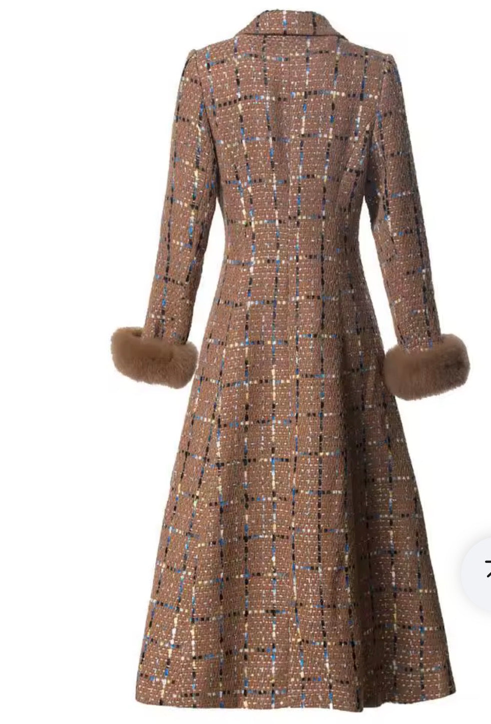 Women’s Long Tweed Plaid Trench Coat, Double-Breasted Winter Overcoat with Faux Fur Cuffs, Elegant Vintage Midi Jacket