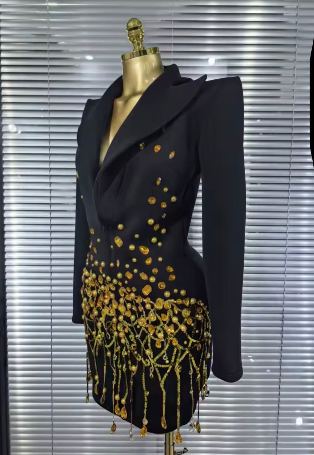 Luxury Crystal Rhinestone Blazer Mini Dress, Beaded Fringe Formal Party Gown, Sculptural Lapel Evening Cocktail Dress, Birthday Outfit Women