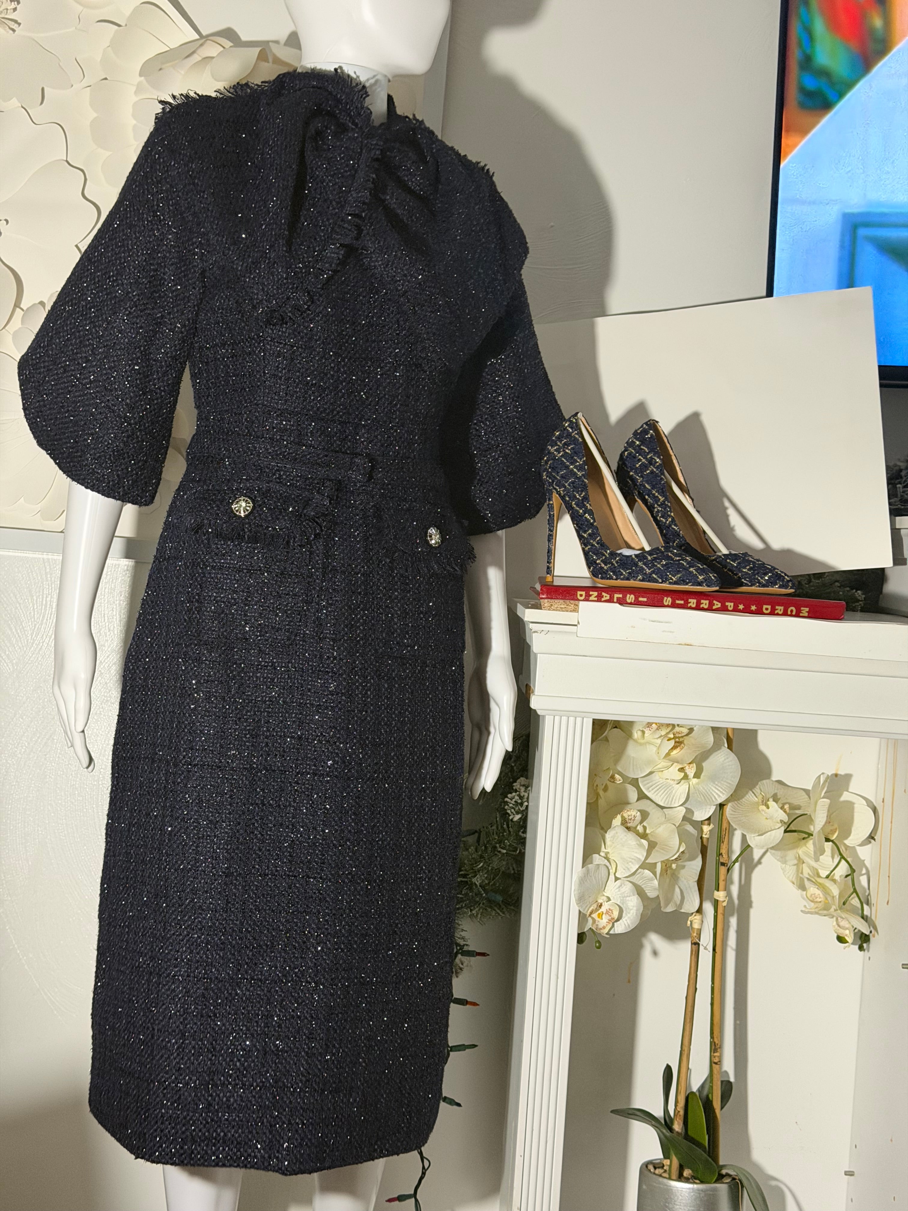 Navy Blue Tweed Belted Midi Dress and Pointed-Toe 12cm Stiletto Pump Set | 2-Piece