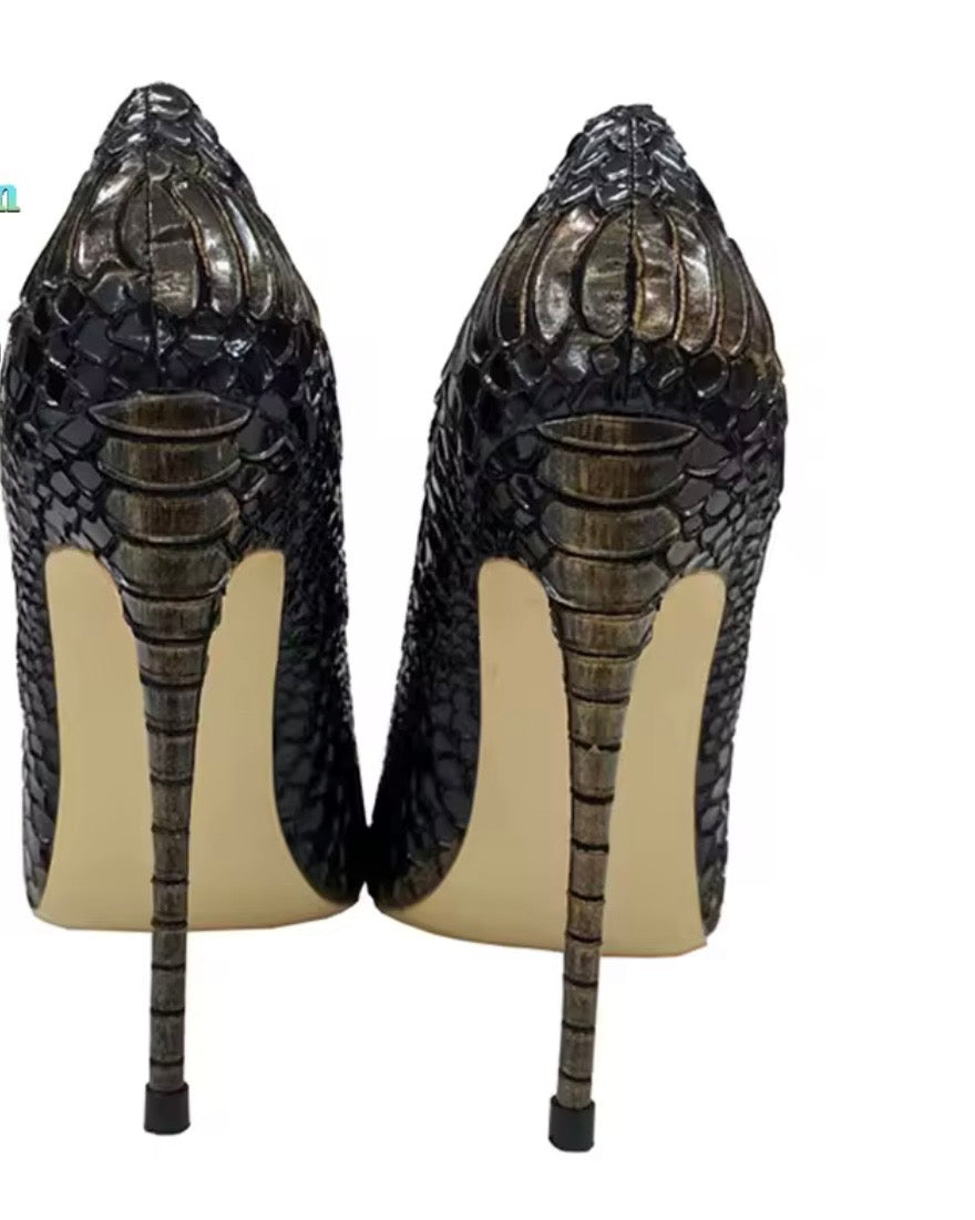 Serpentine Ensemble: Snake Print Maxi Dress, Charcoal Handbag & Stilettos | Complete Outfit, Animal Print Fashion