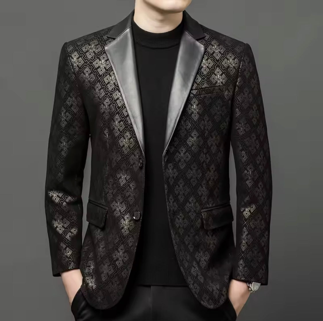 Men's Genuine Sheepskin Leather Blazer Jacket, Luxury Textured Pattern Slim Fit Sport Coat, Black Leather Tuxedo Blazer for Men, Gift for Him