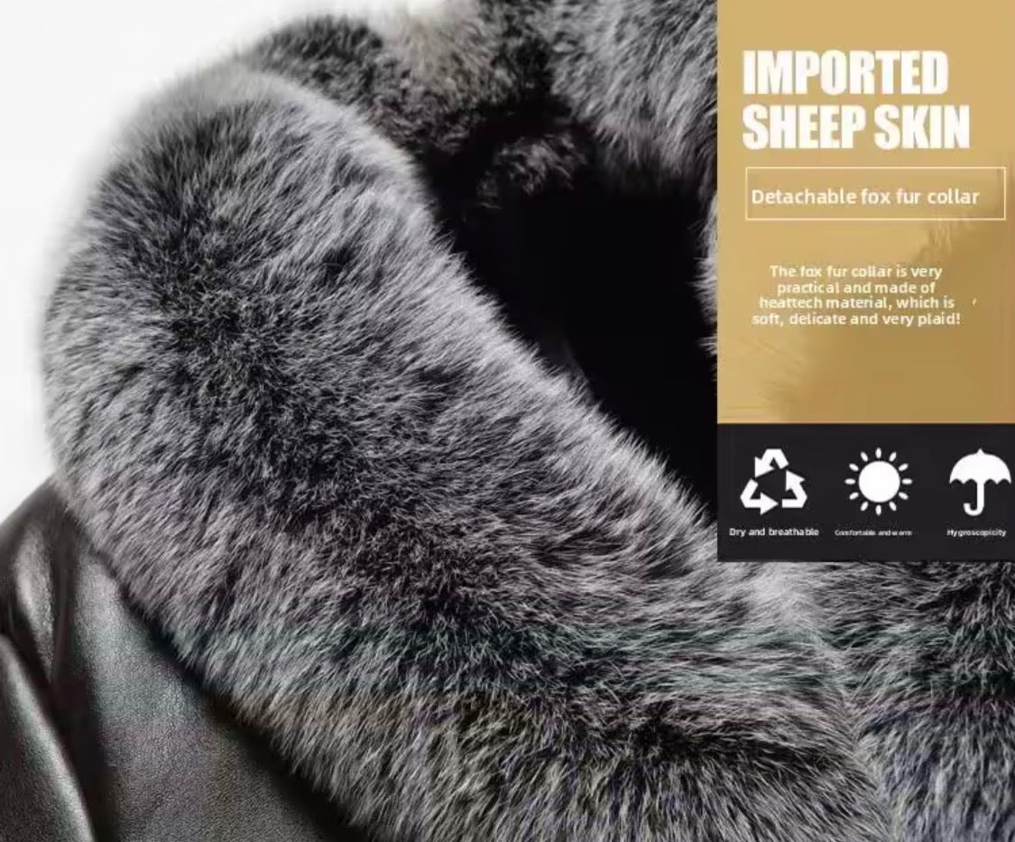 Men’s Real Sheepskin Leather Coat Mid-Length Winter Jacket with Fox Fur Collar and Plush Fur Lining