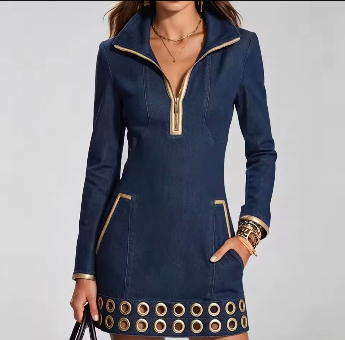 Women’s Vintage Denim Trench Dress with Gold Trim & Grommet Hem | Front Zip Long Sleeve A-Line Midi Denim Dress | Chic Elegant Streetwear