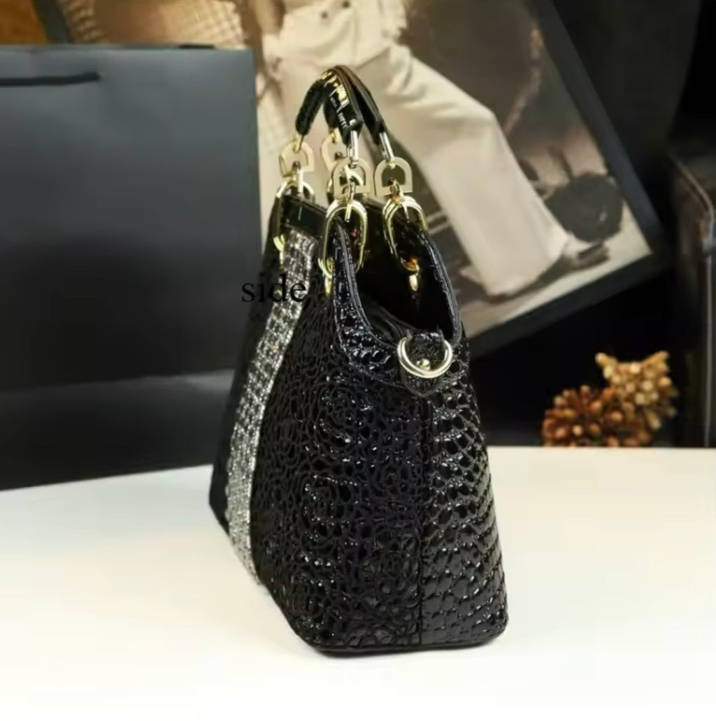 Luxury Crocodile Pattern Lacquer Leather Handbag – Rhinestone Diamond Inlaid Rose Embossed Single Shoulder & Crossbody Bag