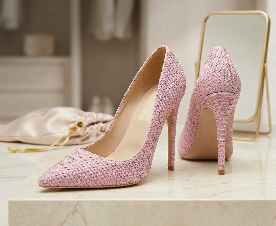 Pink Woven Fabric High Heels, Pointed Toe Stiletto Pumps, Textured Pink Dress Shoes, Chic Women's Party Heels, Elegant Spring Summer Shoes