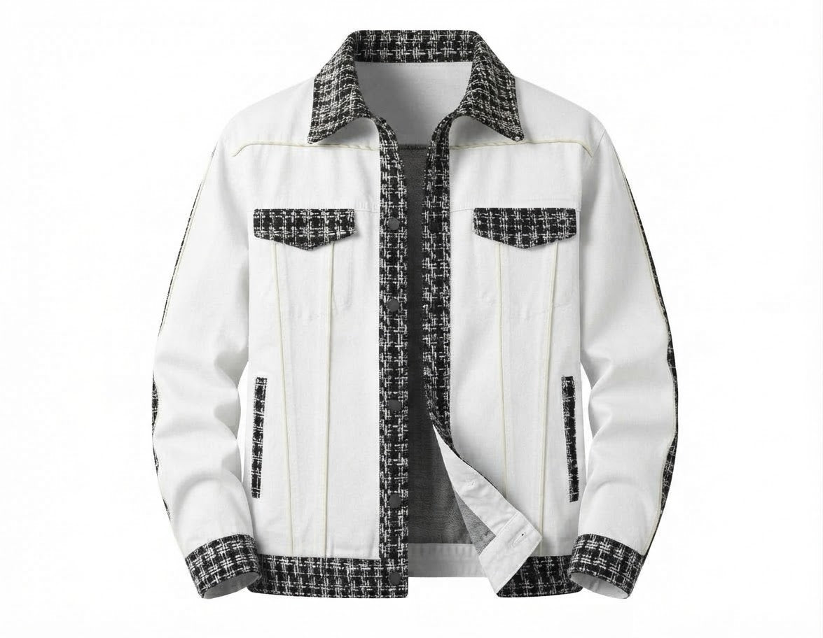 Men's Turn-Down Collar Long Sleeve Tweed Trim Patchwork Color Block Casual Button-Down Jacke